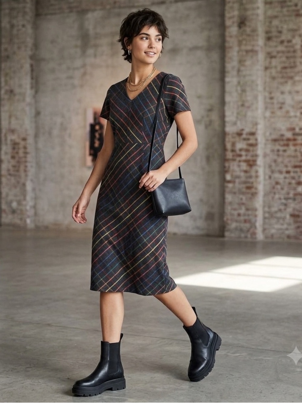 Handmade Women's Gray Midi Dress with Multicolor Diagonal Stripes Size S/M